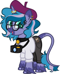 Size: 1920x2352 | Tagged: safe, artist:n0kkun, derpibooru import, oc, oc:feather frame, pony, unicorn, beret, camera, choker, clothes, coat markings, ear piercing, earring, female, glasses, hat, horn, horn ring, jeans, jewelry, leonine tail, mare, open mouth, paintbrush, pants, piercing, ring, simple background, solo, sweater, transparent background, unshorn fetlocks, wedding ring