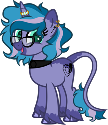 Size: 1920x2219 | Tagged: safe, artist:n0kkun, derpibooru import, oc, oc:feather frame, pony, unicorn, choker, coat markings, ear piercing, earring, female, glasses, horn, horn ring, jewelry, leonine tail, mare, open mouth, piercing, ring, simple background, solo, transparent background, unshorn fetlocks, wedding ring