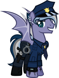 Size: 1920x2560 | Tagged: safe, artist:n0kkun, derpibooru import, oc, oc:night storm (ice1517), bat pony, pony, bat pony oc, bat wings, boots, clothes, cuffs, ear piercing, earring, eyebrow piercing, grin, gun, handgun, hat, holster, jewelry, male, multicolored hair, necklace, necktie, pants, piercing, police, police hat, police officer, revolver, ring, shirt, shoes, simple background, smiling, solo, stallion, tattoo, transparent background, watch, weapon, wedding ring, wings, wristwatch