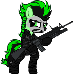 Size: 6000x6150 | Tagged: safe, artist:n0kkun, derpibooru import, oc, oc only, oc:aventurine, earth pony, pony, assault rifle, bipedal, boots, camouflage, clothes, commission, face paint, female, gloves, grenade launcher, gritted teeth, gun, hoof hold, jacket, m16, m16a1, m203, mare, pants, rifle, shoes, simple background, solo, transparent background, weapon