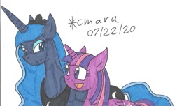 Size: 1224x745 | Tagged: safe, artist:cmara, derpibooru import, princess luna, twilight sparkle, twilight sparkle (alicorn), alicorn, pony, crown, eyeshadow, female, jewelry, makeup, mare, open mouth, regalia, simple background, solo, traditional art, white background