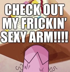 Size: 817x835 | Tagged: safe, derpibooru import, edit, edited screencap, screencap, pinkie pie, earth pony, pony, my little pony: pony life, sick day, spoiler:pony life s01e20, book, caption, close-up, funny, gross, hairy, hairy arms, hooves, image macro, sexy, text