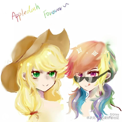 Size: 1000x1000 | Tagged: safe, artist:dtea, derpibooru import, applejack, rainbow dash, human, alternate hairstyle, appledash, applejack's hat, cowboy hat, female, hat, head only, humanized, lesbian, looking at you, pigtails, shipping, simple background, sunglasses, tongue out, twintails, white background