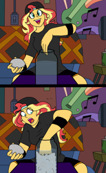 Size: 1500x2432 | Tagged: safe, artist:pony quarantine, derpibooru import, sunset shimmer, equestria girls, 2 panel comic, alternate hairstyle, alternative outfit, armband, blanket, clothes, comic, drawthread, hat, have a good day, hot ice, jar, l.a. beast, light switch, poster, shirt, sodium acetate trihydrate, sofa, television, this ended in pain