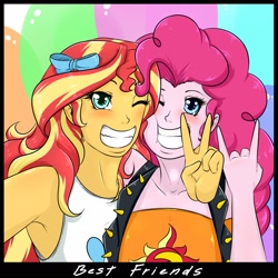 Size: 1600x1600 | Tagged: safe, artist:albertbm, derpibooru import, pinkie pie, sunset shimmer, better together, equestria girls, holidays unwrapped, camera, clothes swap, devil horn (gesture), selfie, simple background