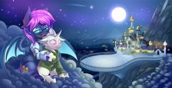 Size: 6144x3160 | Tagged: safe, artist:ask-colorsound, derpibooru import, oc, oc:bitmaker, oc:opal mask, bat pony, changeling, albino, albino changeling, amputee, bat pony oc, bat wings, canterlot, canterlot castle, changeling oc, cloud, high res, moon, prosthetic limb, prosthetics, shooting star, stars, wings