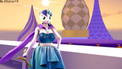 Size: 3840x2160 | Tagged: safe, artist:eltorus19, derpibooru import, gleaming shield, shining armor, anthro, 3d, breasts, canterlot castle, cape, clothes, dress, female, gleaming breastplate, rule 63, sfm pony, solo, source filmmaker, sunset, sword, weapon