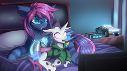 Size: 7680x4320 | Tagged: safe, artist:ask-colorsound, derpibooru import, oc, oc:bitmaker, oc:opal mask, bat pony, changeling, alarm clock, albino, albino changeling, bed, bedroom, clock, clothes, glasses, high res, hoodie, television, tesla cybertruck, watching tv