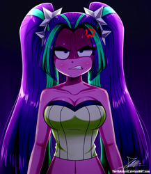 Size: 1060x1220 | Tagged: safe, artist:the-butch-x, derpibooru import, aria blaze, human, equestria girls, rainbow rocks, angry, aria bazookas, bare shoulders, blushing, breasts, cleavage, clothes, cross-popping veins, digital art, female, frown, glare, gradient background, gritted teeth, looking at you, pigtails, remake, signature, sleeveless, solo, strapless, tube top, twintails