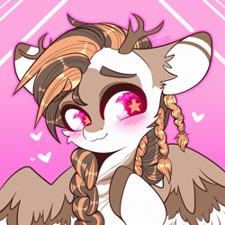 Size: 2000x2000 | Tagged: safe, artist:etoz, derpibooru import, oc, oc only, deer, deer pony, original species, pegasus, blushing, commission, cute, femboy, gradient background, happy, heart, horns, looking at something, male, pegasus oc, smiling, stallion, starry eyes, wingding eyes, wings