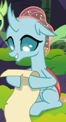 Size: 432x794 | Tagged: safe, derpibooru import, screencap, ocellus, the hearth's warming club, cropped, scroll, sitting, smiling, solo