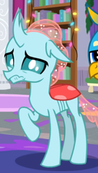 Size: 393x697 | Tagged: safe, derpibooru import, screencap, ocellus, the hearth's warming club, cropped, offscreen character, reaction image, sad, solo