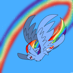 Size: 1000x1000 | Tagged: safe, artist:gs-bunfoxx18, derpibooru import, rainbow dash, pegasus, pony, chest fluff, eyes closed, flying, open mouth, rainbow trail, solo, spread wings, wings