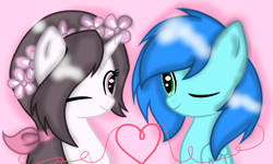 Size: 1346x810 | Tagged: safe, artist:starflashing twinkle, derpibooru import, oc, pegasus, unicorn, looking at each other, oc x oc, one eye closed, shipping, simple background