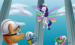 Size: 5000x3000 | Tagged: safe, artist:tauts05, derpibooru import, merry may, rarity, classical unicorn, pegasus, pony, unicorn, sonic rainboom (episode), cloven hooves, glimmer wings, hard hat, leonine tail, safety goggles, scene interpretation, unshorn fetlocks, weather factory uniform, wings