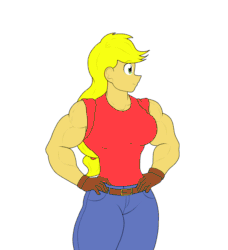 Size: 906x994 | Tagged: safe, artist:calm wind, artist:matchstickman, derpibooru import, applejack, collaboration, equestria girls, abs, animated, applejacked, applerack, arm behind head, armpits, biceps, breasts, clothes, female, flexing, gloves, jeans, looking at you, muscles, muscular female, pants, shirt, shirt lift, simple background, solo, white background