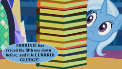 Size: 1246x701 | Tagged: safe, artist:agrol, derpibooru import, edit, trixie, book, magic lessons, speech, speech bubble, talking, twilight's castle