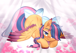 Size: 920x652 | Tagged: safe, artist:sparkling_light, derpibooru import, oc, oc only, oc:solar comet, pegasus, pony, blushing, bow, face down ass up, flank, flank up, freckles, hair bow, looking at you, lying down, petals, prone, spread wings, tail bow, wings
