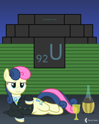 Size: 4000x5000 | Tagged: safe, artist:parclytaxel, derpibooru import, bon bon, sweetie drops, earth pony, pony, series:joycall6's periodic table, my little pony chapter books, .svg available, absurd resolution, alcohol, bottle, chemistry, chianti, chicago pile-1, clothes, draw me like one of your french girls, enrico fermi, female, glass, lidded eyes, looking at you, lyra and bon bon and the mares from s.m.i.l.e., manhattan project, mare, necktie, on side, periodic table, s.m.i.l.e., secret agent sweetie drops, shirt, smiling, smirk, solo, suit, uranium, uranium glass, vector, wine, wine glass