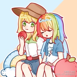 Size: 768x768 | Tagged: safe, artist:草莓三色团, derpibooru import, applejack, rainbow dash, equestria girls, apple, appledash, applejack's hat, clothes, cowboy hat, cute, dashabetes, denim skirt, duo, duo female, female, food, hat, jackabetes, lesbian, shipping, sitting, skirt