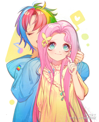 Size: 1248x1530 | Tagged: safe, artist:火丁火丁, derpibooru import, fluttershy, rainbow dash, human, blushing, duo, duo female, female, flutterdash, humanized, lesbian, shipping