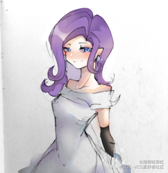 Size: 1500x1550 | Tagged: safe, artist:薄荷味彩虹, derpibooru import, rarity, human, clothes, dress, ear piercing, earring, evening dress, evening gloves, female, gloves, humanized, jewelry, long gloves, piercing, solo