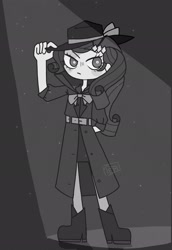 Size: 1408x2048 | Tagged: safe, artist:temtem296, derpibooru import, rarity, equestria girls, boots, clothes, detective rarity, female, grayscale, hat, monochrome, shoes, solo, sun hat