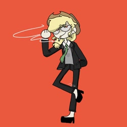 Size: 1000x1000 | Tagged: safe, artist:temtem296, derpibooru import, applejack, human, cigarette, clothes, female, hat, high heels, humanized, necktie, orange background, shoes, simple background, smoking, solo, suit