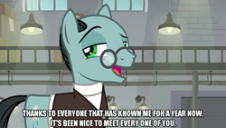 Size: 1280x720 | Tagged: safe, derpibooru import, edit, edited screencap, editor:jaredking203, screencap, earth pony, pony, the last laugh, caption, glasses, image macro, male, meme, sans smirk, solo, stallion, text