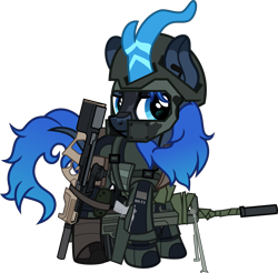 Size: 5179x5086 | Tagged: safe, artist:n0kkun, derpibooru import, oc, oc only, oc:aqua roze, kirin, armor, assault rifle, belt, boots, clothes, desert eagle, face paint, famas, female, gloves, gun, handgun, helmet, holster, jacket, kirin oc, knee pads, p90, pants, pouch, rifle, shoes, simple background, smiling, smirk, solo, submachinegun, suppressor, tape, transparent background, weapon