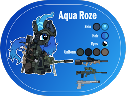 Size: 2000x1526 | Tagged: safe, artist:n0kkun, derpibooru import, oc, oc only, oc:aqua roze, kirin, armor, assault rifle, belt, blue background, boots, clothes, desert eagle, face paint, famas, female, gloves, gun, handgun, helmet, holster, jacket, kirin oc, knee pads, p90, pants, pouch, reference sheet, rifle, shoes, simple background, smiling, smirk, solo, submachinegun, suppressor, tape, weapon