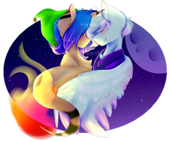 Size: 2700x2221 | Tagged: safe, artist:shinningblossom12, derpibooru import, oc, oc only, oc:shinning blossom, pegasus, pony, duo, eyes closed, female, full moon, mare, moon, night, pegasus oc, simple background, smiling, stars, transparent background, wings