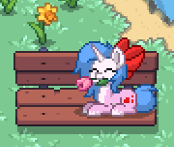 Size: 270x228 | Tagged: safe, derpibooru import, oc, oc only, oc:rioshi sweet, alicorn, pony, bench, bow, female, flower, hair bow, mare, pixel art, pony town, solo