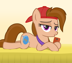Size: 2452x2162 | Tagged: safe, artist:chomakony, derpibooru import, oc, oc only, oc:kiranne spell, earth pony, pony, bed, bedroom eyes, cap, earth pony oc, female, gradient background, hat, jewelry, kissy face, lidded eyes, looking at you, lying down, mare, necklace, phone, simple background, solo
