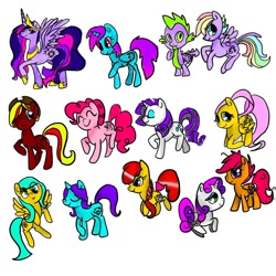 Size: 1080x1079 | Tagged: safe, artist:bellas.den, derpibooru import, apple bloom, fluttershy, pinkie pie, rarity, scootaloo, spike, sweetie belle, twilight sparkle, twilight sparkle (alicorn), oc, alicorn, dragon, earth pony, pegasus, pony, unicorn, alicorn oc, cutie mark crusaders, eyes closed, female, horn, mare, multicolored hair, rainbow hair, raised hoof, simple background, smiling, white background, winged spike, wings