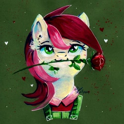 Size: 1024x1024 | Tagged: safe, artist:lailyren, derpibooru import, roseluck, earth pony, pony, bust, clothes, female, flower, flower in mouth, gouache, green background, heart, heart eyes, looking at you, mare, mouth hold, painting, portrait, rose, rose in mouth, signature, simple background, smiling, solo, traditional art, wingding eyes