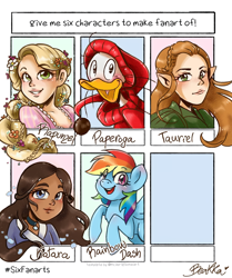 Size: 1080x1290 | Tagged: safe, artist:beakka, derpibooru import, rainbow dash, anthro, bird, duck, elf, human, pegasus, pony, anthro with ponies, avatar the last airbender, bust, clothes, crossover, dark skin, female, fethry duck, katara, lord of the rings, male, mare, open mouth, rapunzel, six fanarts, smiling, tauriel