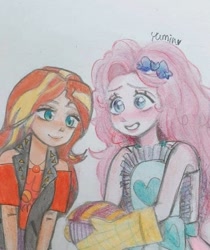 Size: 720x859 | Tagged: safe, artist:yumin, derpibooru import, pinkie pie, sunset shimmer, better together, equestria girls, holidays unwrapped, apron, blushing, clothes, colored pencil drawing, food, hairpin, pie, smiling, traditional art