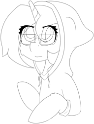 Size: 4143x5432 | Tagged: safe, artist:skylarpalette, derpibooru import, oc, oc only, oc:skylar palette, pony, unicorn, black and white, bust, cheek fluff, clothes, concerned, fluffy, glasses, grayscale, half body, hood up, hoodie, horn, long mane, looking up, monochrome, simple background, sketch, tired, transparent background, unicorn oc