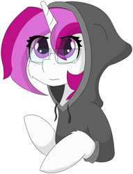 Size: 4143x5432 | Tagged: safe, artist:skylarpalette, derpibooru import, oc, oc only, oc:skylar palette, pony, unicorn, clothes, concern, female, full color, glasses, hoodie, horn, looking up, mare, pink, pink eyes, pink mane, simple background, simple shading, tired, transparent background, unicorn oc, white fur