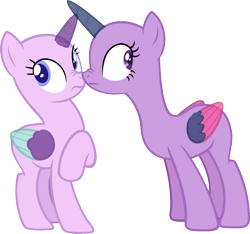 Size: 1470x1375 | Tagged: safe, artist:pegasski, derpibooru import, oc, oc only, alicorn, pony, fame and misfortune, alicorn oc, bald, base, boop, duo, eyelashes, frown, horn, simple background, transparent background, two toned wings, wings