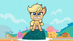 Size: 1669x931 | Tagged: safe, derpibooru import, screencap, applejack, earth pony, pony, my little pony: pony life, pony surfin' safari, spoiler:pony life s01e22, applejack's hat, cowboy hat, hat, solo