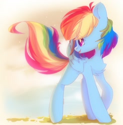 Size: 2008x2048 | Tagged: safe, artist:vanilla0pie, derpibooru import, rainbow dash, pegasus, pony, chest fluff, cute, dashabetes, ear fluff, eye clipping through hair, eyebrows visible through hair, female, high res, leg fluff, mare, open mouth, profile, smiling, solo