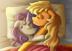 Size: 2480x1748 | Tagged: safe, artist:nire, derpibooru import, applejack, rarity, earth pony, pony, unicorn, bags under eyes, bed, cuddling, female, lesbian, mare, messy mane, pillow, rarijack, shipping, sleeping, sleeping together, sunlight