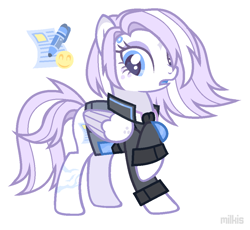 Size: 966x890 | Tagged: safe, artist:milkis, derpibooru import, oc, oc only, oc:pale paige, cyborg, pegasus, pony, clothes, coat markings, cyber-questria, eyeshadow, female, freckles, jacket, makeup, mare, open mouth, raised hoof, scar, shirt, simple background, solo, white background