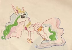 Size: 1280x890 | Tagged: safe, artist:whistle blossom, derpibooru import, princess celestia, alicorn, pony, crown, female, hoof shoes, jewelry, mare, necklace, regalia, simple background, smiling, solo, standing, traditional art, white background