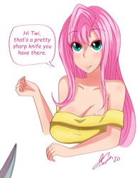 Size: 2550x3300 | Tagged: safe, artist:manhunterj, derpibooru import, fluttershy, twilight sparkle, human, blood, breasts, cleavage, hootershy, humanized, imminent murder, murder, open mouth, this will end in pain