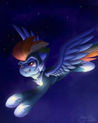 Size: 1280x1611 | Tagged: safe, artist:bluesunrise905, derpibooru import, rainbow dash, zapp, pegasus, pony, clothes, costume, female, flying, grin, mare, power ponies, signature, sky, smiling, solo