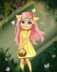 Size: 1585x2008 | Tagged: safe, artist:annie39367262, derpibooru import, fluttershy, anthro, butterfly, basket, child, clothes, colored pupils, crepuscular rays, cute, dress, female, floral head wreath, flower, forest, shyabetes, smiling, solo, younger