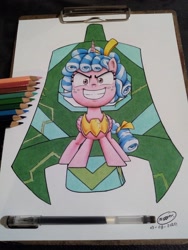 Size: 1536x2048 | Tagged: safe, artist:javi almazán, derpibooru import, cozy glow, pegasus, pony, bell, grogar's bell, smiling, solo, traditional art